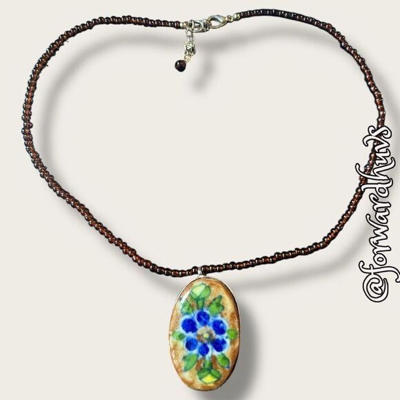 Hand Painted Pendant Necklace with Seed Bead Chain - Picture 1 of 12